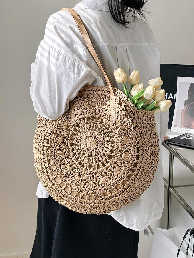 Product Introduction of Women's Solid Color Straw Bag, Fashionable Large Capacity Shoulder Bag for Daily Used, Casual Trendy Versatile High-quality Daily Commuting Bag 3
