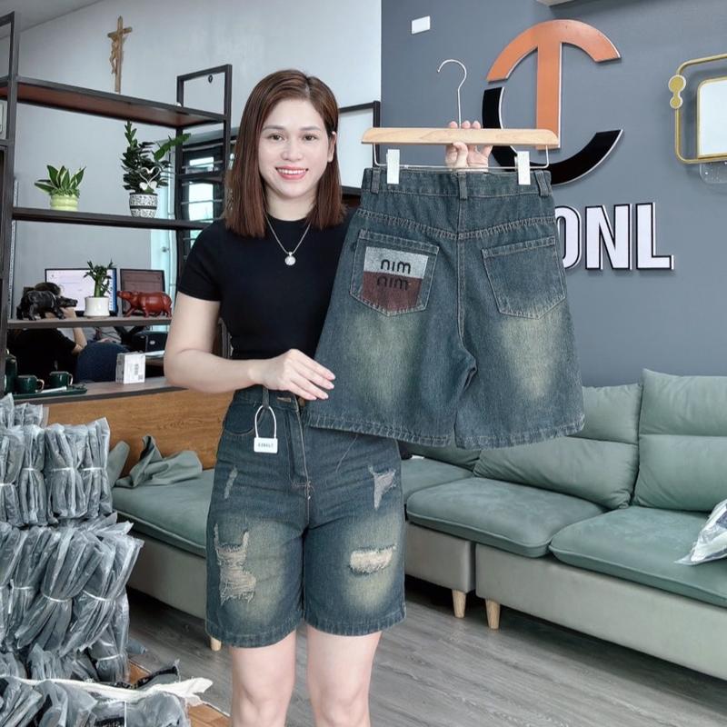 quần ngố bò rách thêu min  nâu, quần jeans nữ jean