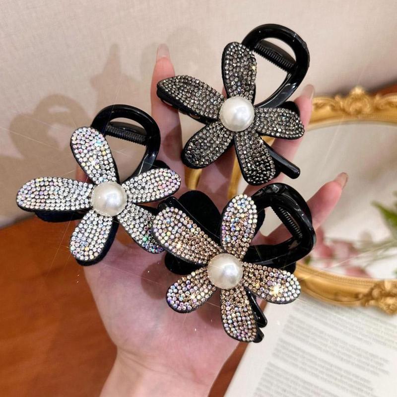 Product Introduction of Light Luxury Simple And Elegant Sparkling Flower Clip Female Bun Hair Clip Back Of Head Hair Clip Bright Flash Flower Shark Clip Versatile Exquisite Headdress 17