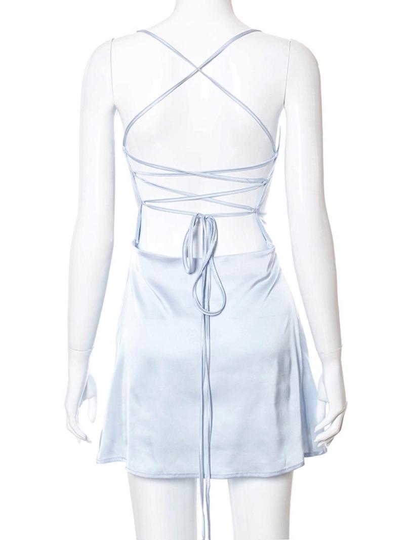 Product Introduction of Women's Solid Color Lace Up Backless Halter Dress, Fashion Casual Sleeveless Mini Dress for Party Club Dating Wear, Women Dress for Summer Valentine's Day, gift 5