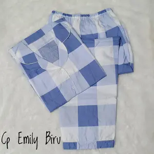 Missind CP Baju Tidur Wanita Lengan Pendek Motif Kotak Bahan Katun Poly Full Kancing Ukuran M L XL XXL
