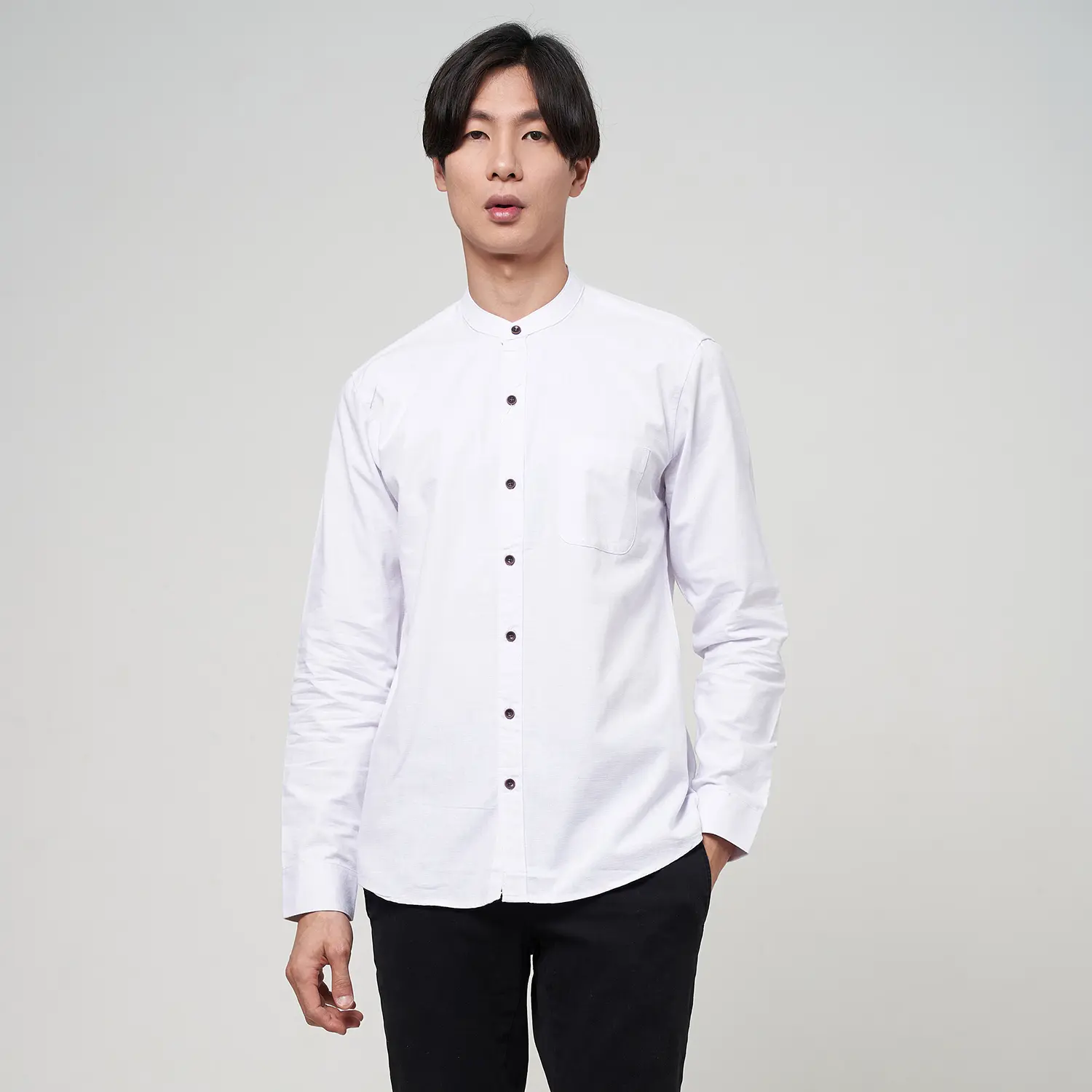 ALINO Kemeja Pria Kerah Sanghai Polos Lengan Panjang PUTIH 063 Nyaman Casual Basic Formal Hitam Baju  Slimfit Kerja Kantor Cowok Katun Hem Navy