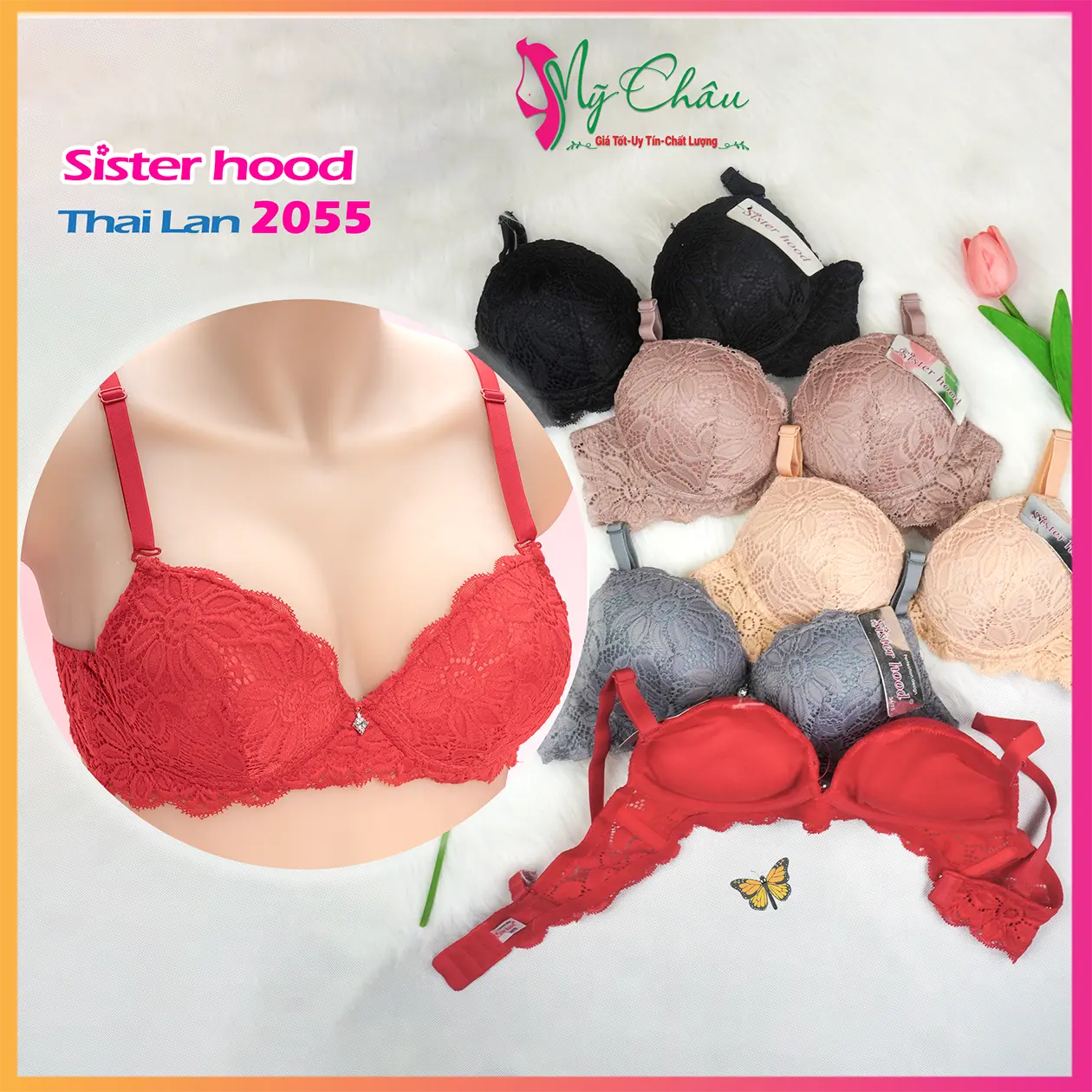 Áo Ngực Ren, Nâng Ngực 3.5Cm, SISTER HOOD 2055, Áo Lót Thái Lan, Có Gọng Cao Cấp, Mút Dày, Siêu Đẹp, Cúp A - Hàng Nhập Khẩu - Mỹ Châu Shop Bra Nữ