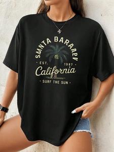 ImprinTee Women's Letter Palm Tree Print Round Neck Tee, Vintage Trendy Casual Tree Print Short Sleeve T-shirt for Daily Wear, Ladies Summer Outfit