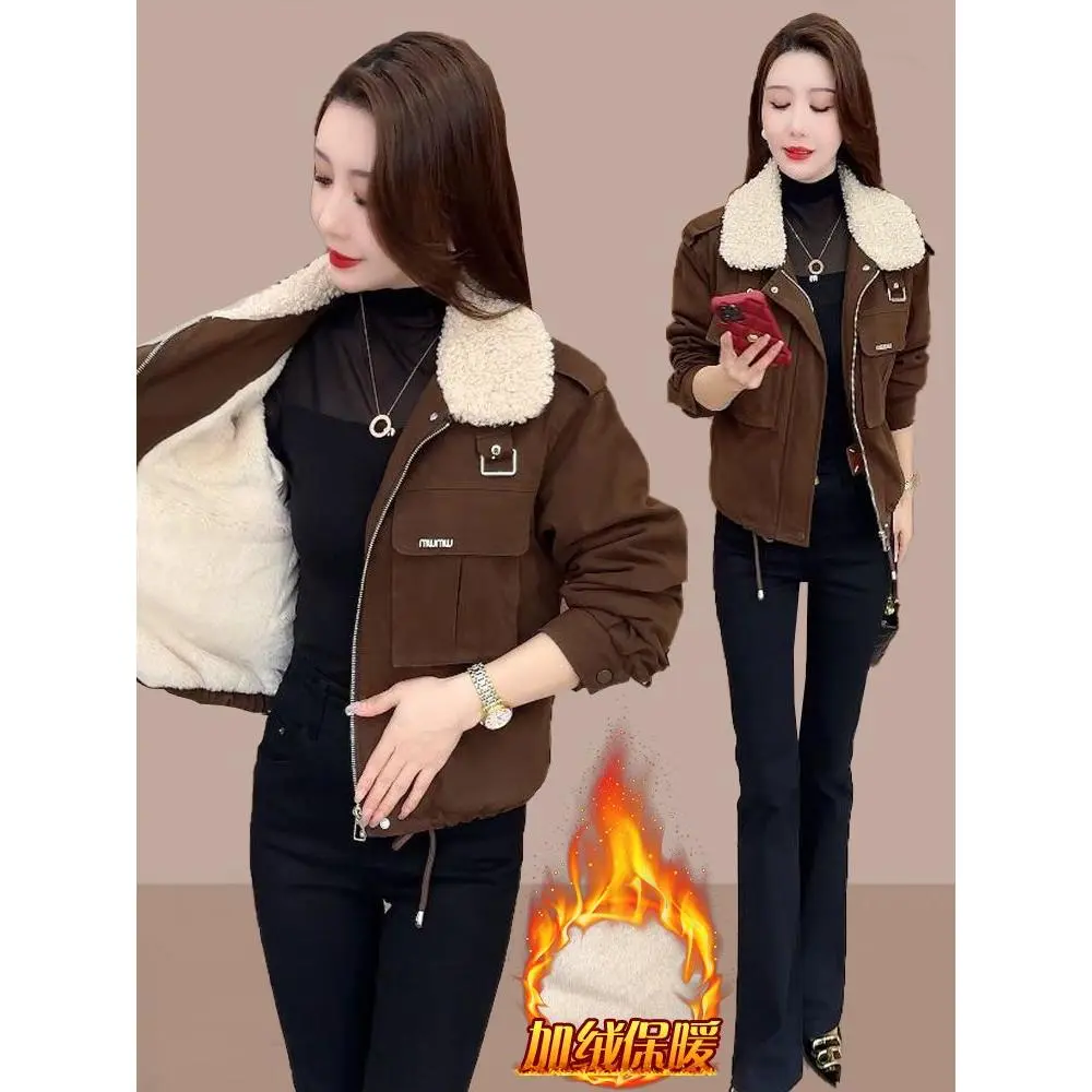 Áo Khoác Ngắn, Chất Liệu Cotton, Lót Lông Cừu Nhỏ Dày Dặn, Dành Cho Nữ, Thời Trang Mới Mùa Đông 2024, Dễ Phối Đồ, Dáng Ôm, Có Khóa Kéo, Áo Khoác Độn Bông