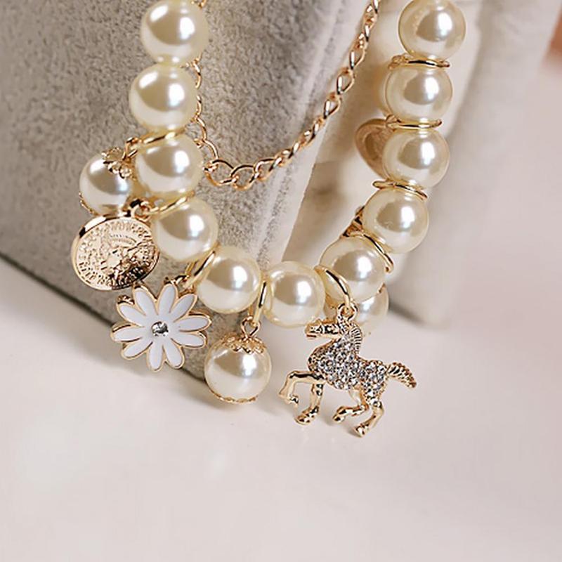 Product Introduction of gmning- Horse Flower Charm Women Bracelet Faux Pearl Party Bangle Gift Fashion Jewelry 0