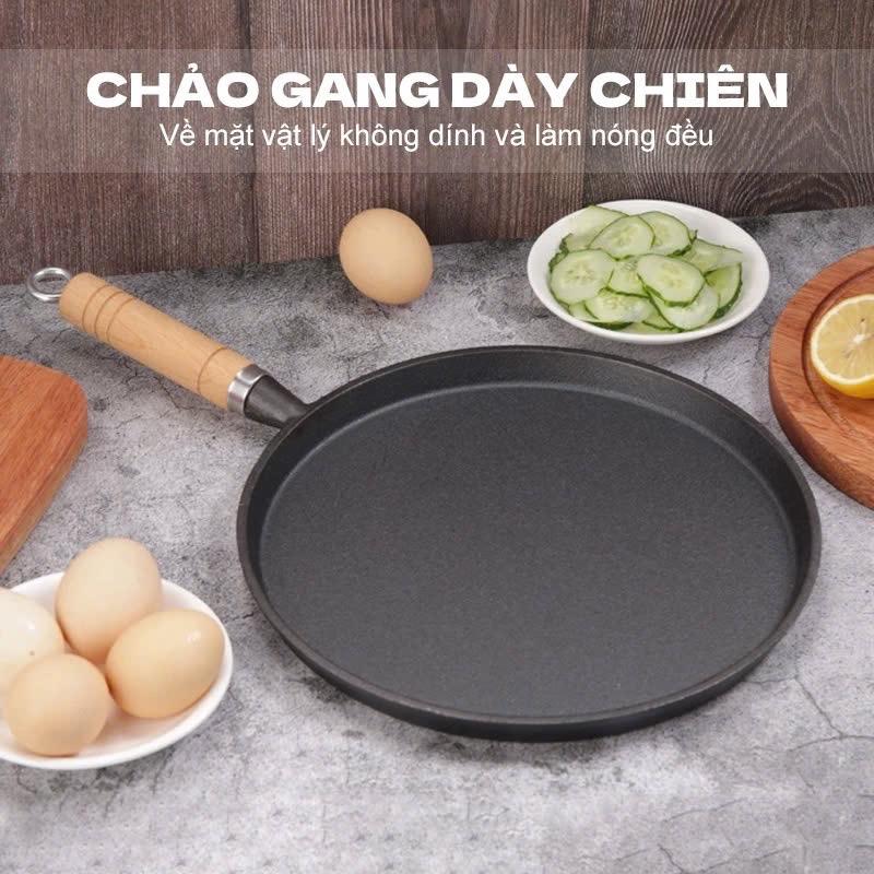 ( Loại 1 ) Chảo gang chống dính đúc nguyên khối đáy phẳng , size 20cm tay cầm gỗ cách nhiệt
