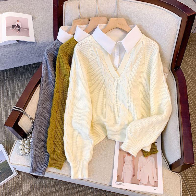 Áo Len Giả Hai Mảnh, Quần Áo Nữ Mùa Thu Và Mùa Đông, Phong Cách Nhật Bản, Thoải Mái, Cổ Điển Thiết Kế Đẹp, Cổ Polo Độc Đáo Áo Len Dệt Kim Dây Cáp