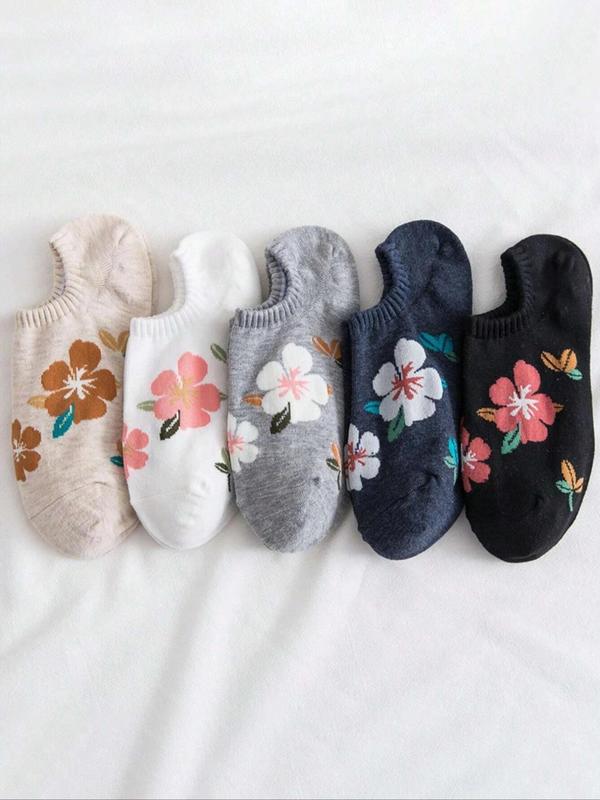 Women's 5 Pairs Floral Print Invisible Socks, Anti-odor Sweat-absorbing Comfortable Breathable Crew Socks, Multipack Low Cut Knit Socks, Women's Hosiery 0