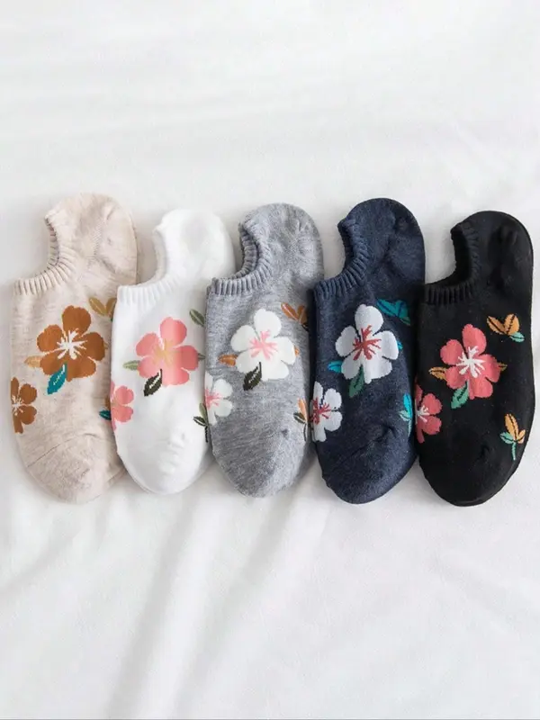 Women's 5 Pairs Floral Print Invisible Socks, Anti-odor Sweat-absorbing Comfortable Breathable Crew Socks, Multipack Low Cut Knit Socks, Women's Hosiery 0