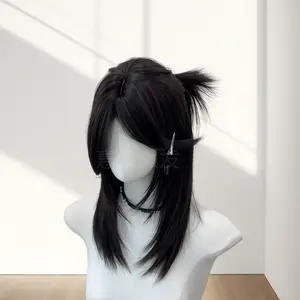 Wolf tailed Mullet Fish Head Fashion Wig for Men and Women Daily Split Short Long Straight Hair Samurai Head Imitation Human Hair Full Head Set