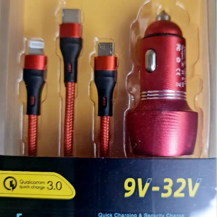 Tẩu sạc ô tô 2 cổng USB và 3 dây sạc 3 chân 6A, 9A,12A