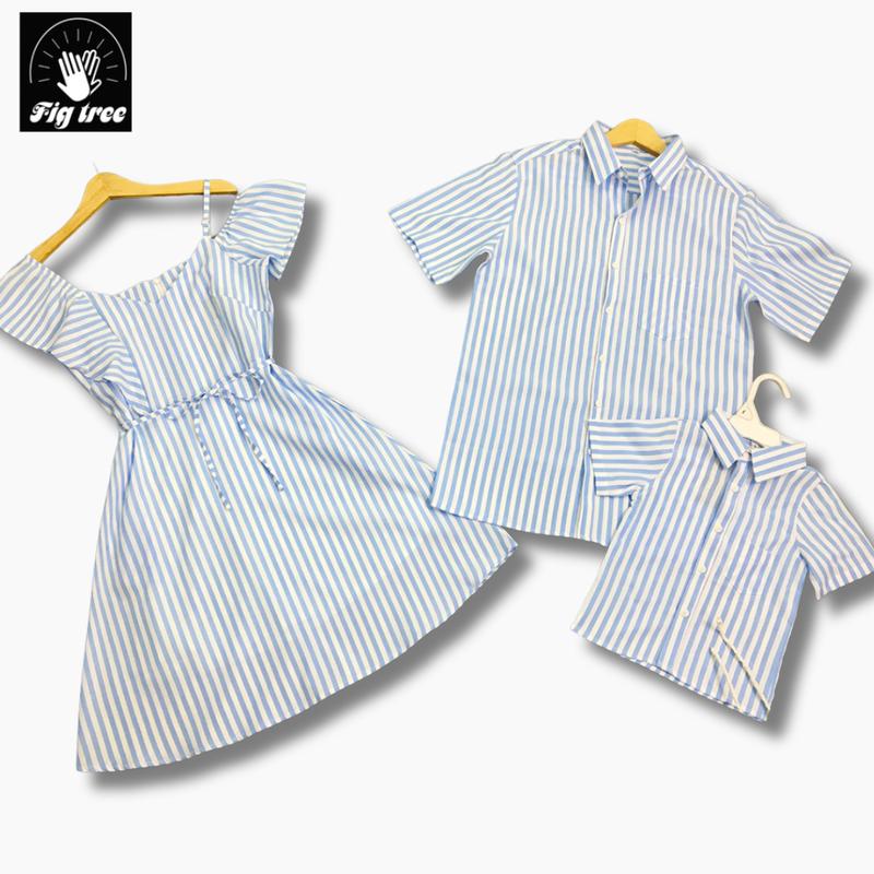 Sét Đồ Gia Đình FigTree ( Sét giá 1 sp) - Áo Sơ Mi Nam Và Váy Nữ Họa Tiết Sọc Xanh (Mã Số 171 ) Chất Cotton Mềm Mịn, Thoáng mát - Nam ko Kèm Quần 3