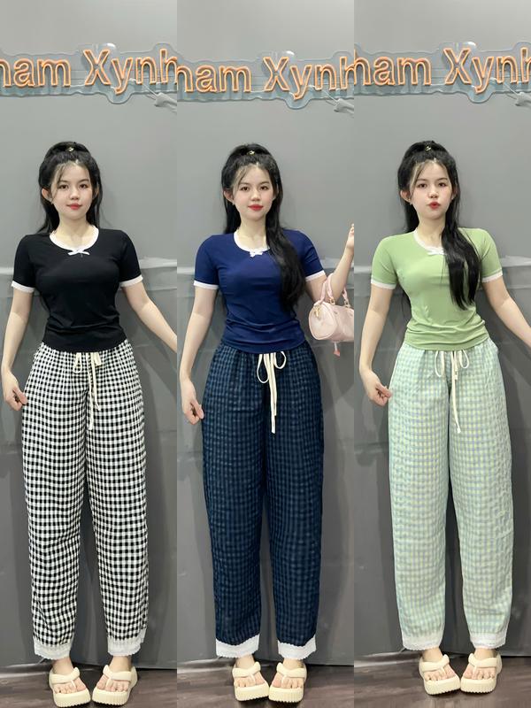 Set Bộ áo Tăm Lạnh nơ phối ren kèm quần baggy caro duỗi Kem Cho Nữ