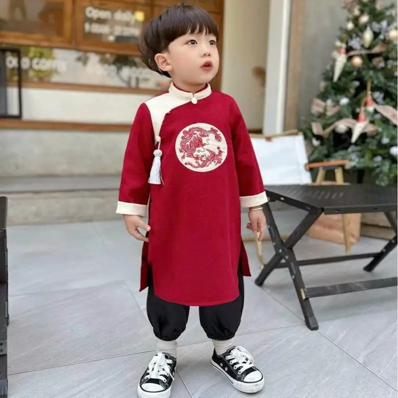Áo Dài Cách Tân Cho Bé Trai Kèm Quần Chất Nhung Lì có Khánh Đeo Từ 8kg Đến 28kg 7