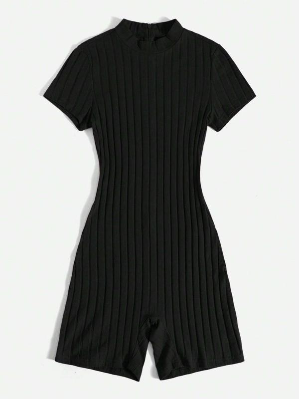 Summer Clothes Women's Plain Zipper Back Mock Neck Romper, Mean Girls Outfit, Minimalist Casual Short Sleeve Ribbed Romper for Summer, Womenswear, Lady Clothes for Daily Wear, Summer Clothes 6