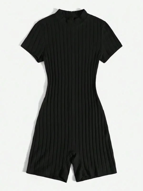 Summer Clothes Women's Plain Zipper Back Mock Neck Romper, Mean Girls Outfit, Minimalist Casual Short Sleeve Ribbed Romper for Summer, Womenswear, Lady Clothes for Daily Wear, Summer Clothes 6