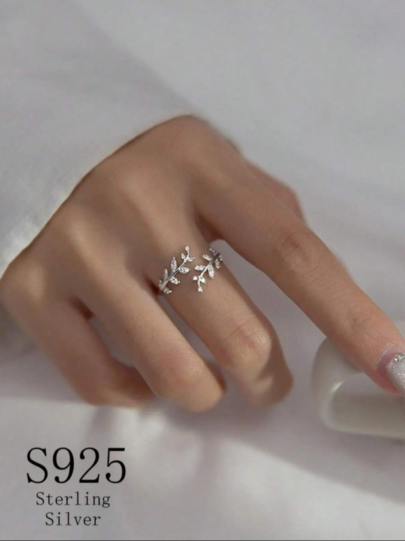925 Sterling Silver Women's Elegant Fashion Leaf Design Cuff Ring, Fashion Rhinestone Decor Jewelry for Party, Daily Decor, Trendy All-match & Exquisite Jewelry for Birthday Gift