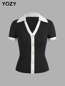 YOZY Women's Colorblock Buttons Collared Tee, Casual Fashion Short Sleeve T-shirt for Summer, Ladies Clothes for Daily Wear