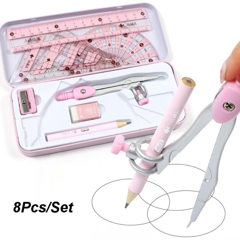 Product Introduction of 8Pcs/Set New Multi-Function Ruler Compass Set Sharpener Metal Box Drawing Stationery Straight Ruler Protractor School Supplies Students Gifts 17