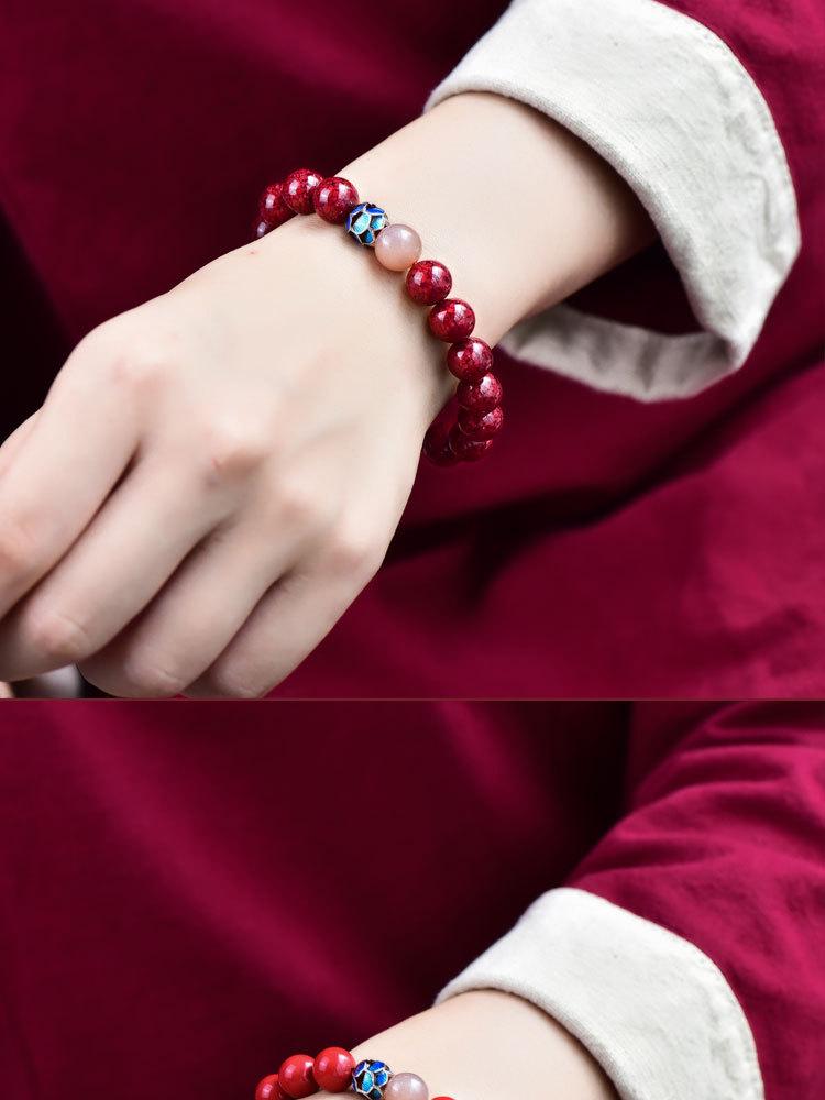 Product Introduction of Genuine Goods Cinnabar Real Cloisonne Design Ancient Style Lotus Collection Bracelet Good-Looking Non-Mainstream Style Couple Lucky 18