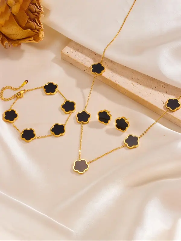 Summer 2025 Flower Design Vintage Jewelry Set, Gifts for Girlfriend, Stud Earrings & Necklace & Chain Bracelet for Party, Daily Clothing Decor, Trendy Clean Girl Jewellery for Women for Birthday Gift 5