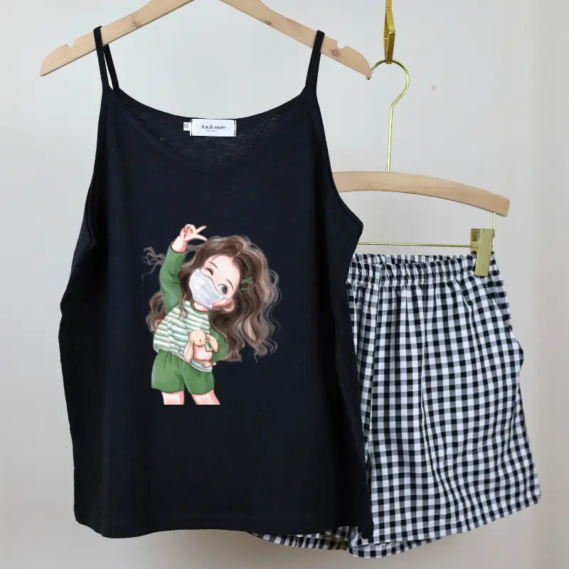 ANHSTORE Set 2 dây quần đùi caro nữ mặc nhà IN HÌNH phom rộng ,bộ 2 dây mặc nhà nữ chất cotton thoáng mát Women Nhung Women Nhung Áo Quần Ngủ dobo tay Top