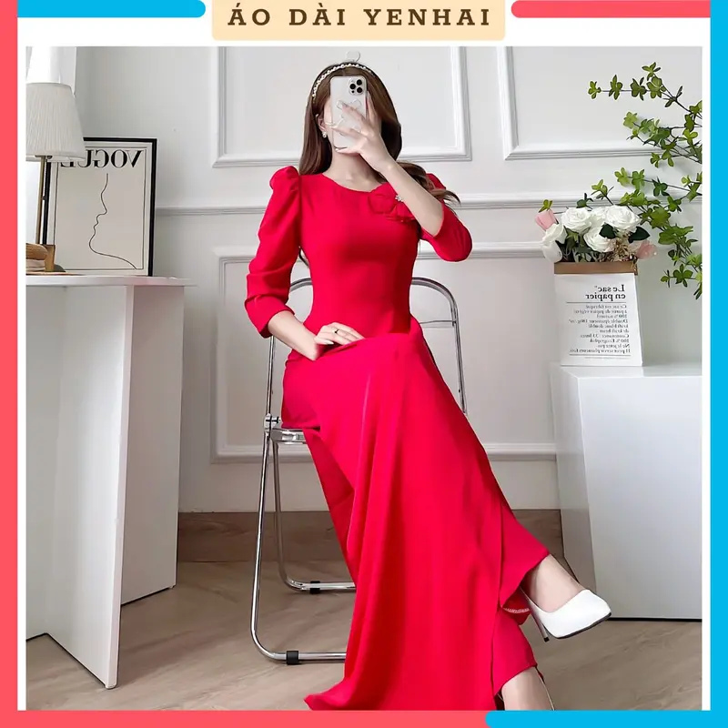 A2 - Áo dài tay bồng có gắn hoa thiết kế thủ công chất lụa thái tuấn màu đỏ mềm mịn co giãn 1
