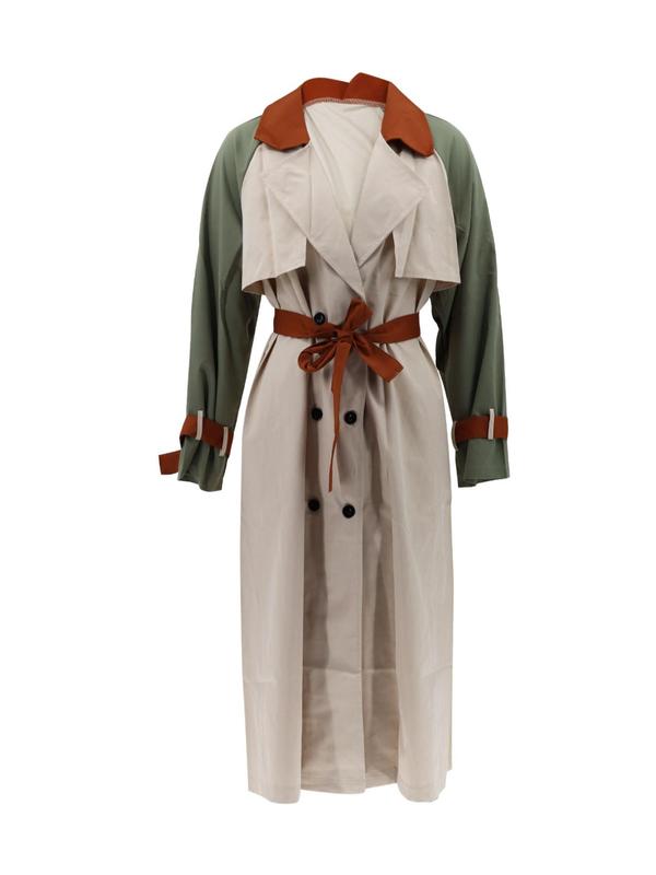 Women's Colorblock Double Button Belted Trench Coat, Basic Chic Lapel Neck Long Sleeve Outerwear For Work Office Business, Ladies Spring & Fall Clothes 2