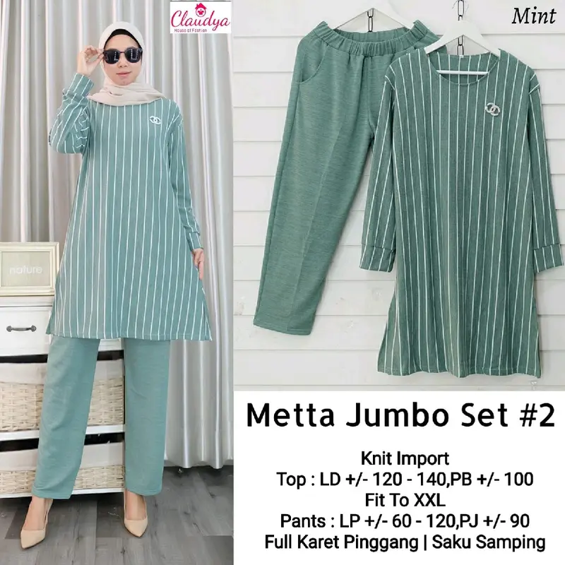 Metta jumbo setelan celana dan tunik knit import tebal halus premium by claudya 0