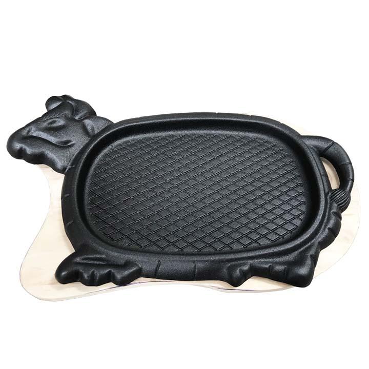 Chảo gang kèm đế gỗ chống dính làm bò bít tết (loại lớn) có vân khế