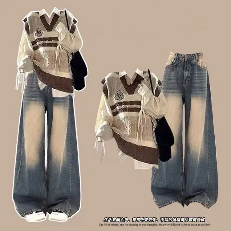 Trang Phục Dopamine, Bộ Đồ Hai Mảnh, Phong Cách Hàn Quốc, Áo Vest Màu Tương Phản Phong Cách Preppy Mới Mùa Thu / Đông Cho Nữ, Áo Sơ Mi Buộc Dây 3