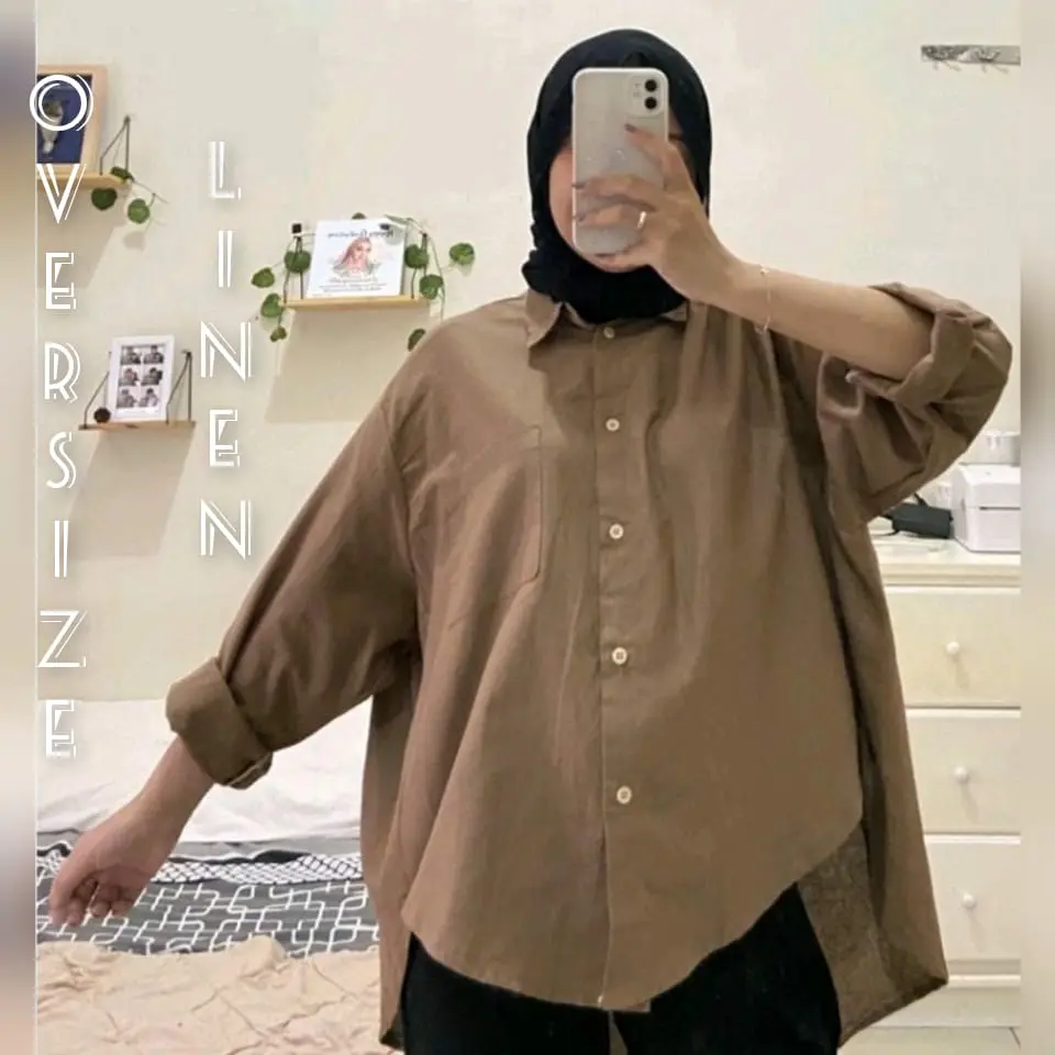 Atasan Kemeja Linen Oversize - Baju Kerja Wanita Kancing Katun