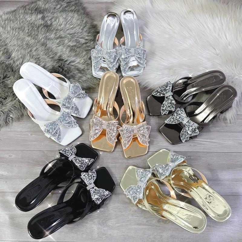 CÓ HỘP Dép cao gót 5-7cm mũi ngang đính nơ đá quai chéo ôm chân gót vuông