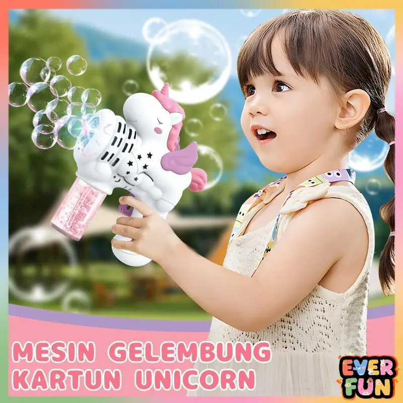 Mainan Unicorn Bubble Machine,   Lampu, Mesin Tiup Gelembung Elektrik Handheld, 10 Lubang Toys EverfunToys 0