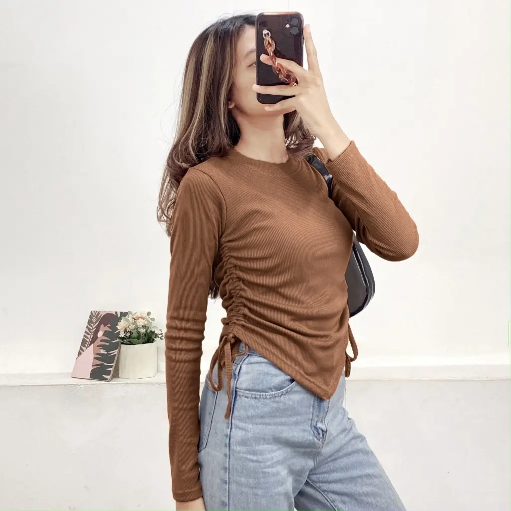 Crop serut samping kiri & kanan lengan panjang kerut tali top knit korea