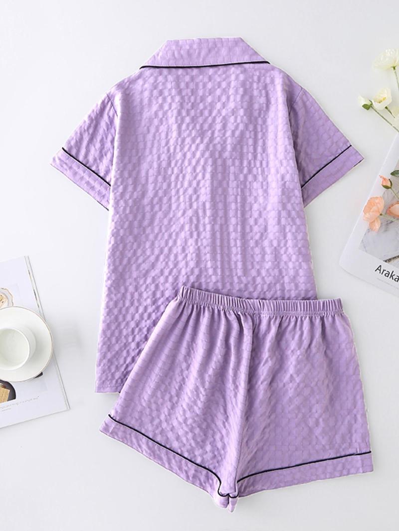Product Introduction of Two-Piece Set Women's Contrast Binding Textured Pajama Set, Casual Lapel Shirt & Elastic Waist Shorts Set, Summer Sleepwear for Lady, Homewear Set, Loungewear 6