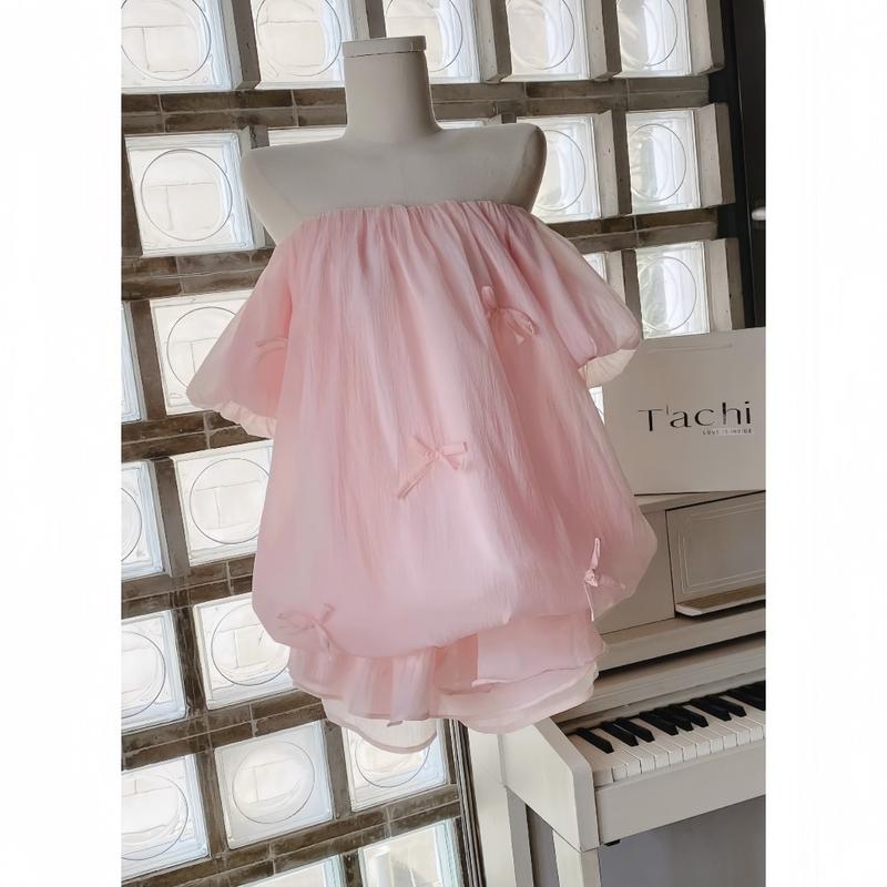 Váy babydoll trễ vai bo eo dáng xoè tay bồng chất voan tơ 2 lớp hồng canh be, Đầm chipu xoè hở vai đi chơi đi biển đẹp, SUKA SHOP 2