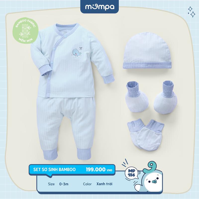 [SS] Bộ quần áo dài tay sơ sinh Mompa kèm set bao tay chân mũ vải sợi tre Bamboo mềm mại co giãn MP 156 [M24]