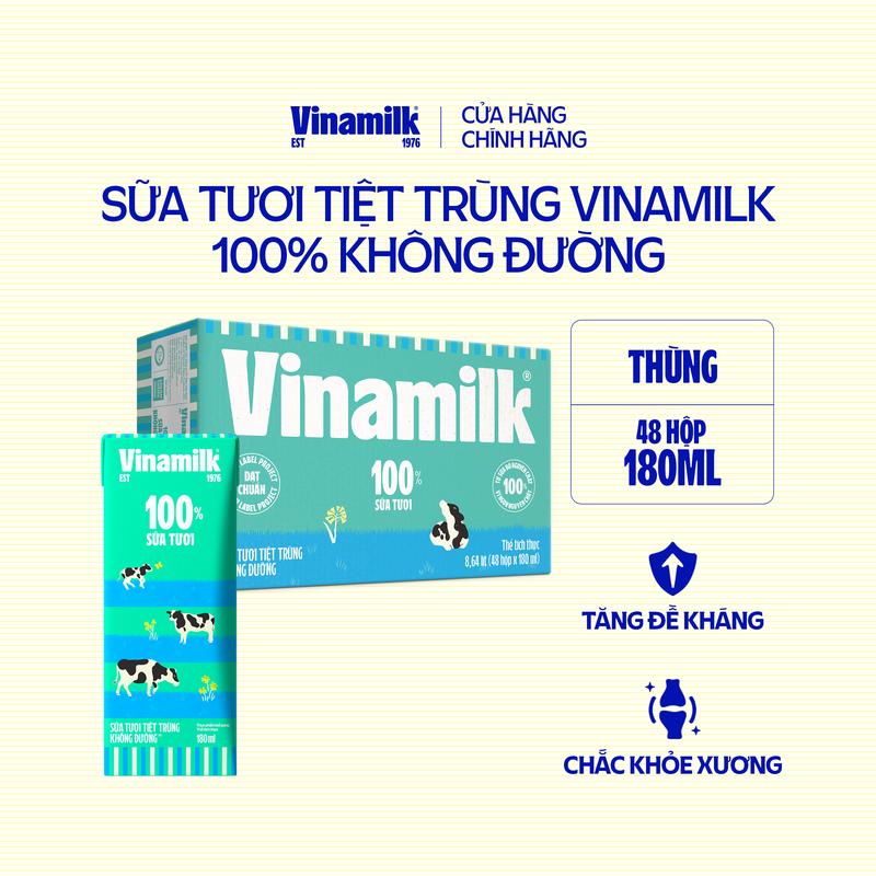 Thùng 48 Hộp Sữa tươi tiệt trùng Vinamilk 100% Không Đường 180ml [CẬN DATE]