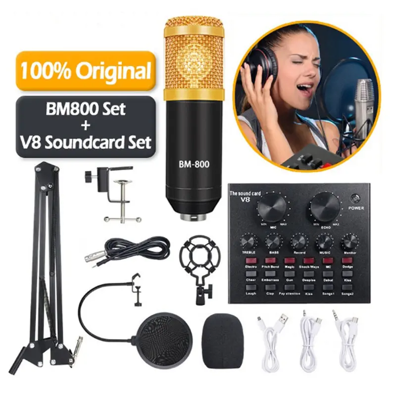 PAKET RECORDING LENGKAP Microphone Mic Condenser BM 800 Stand Mic Soundcard + V8 Set 1