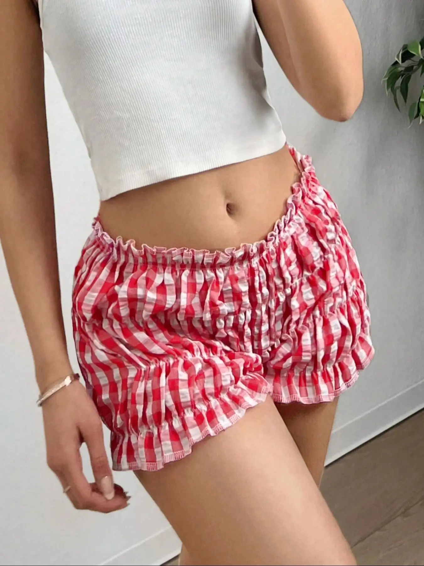 Women's Gingham Print Ruffle Trim Shorts, Casual Comfy Shorts for Summer, Micro Shorts, Women's Bottoms for Daily Wear