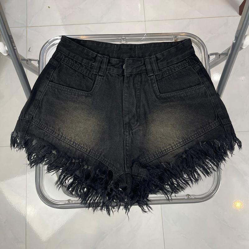 BG12 Quần Short Jean Nữ BigSize dập lai tua rua lưng cao dài 30cm Women Pants