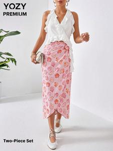 YOZY Women's Ruffle Hem Halter Top & All Over Print Knot Front Skirt Two-piece Set, Elegant Fashion Casual Two Piece Outfits for Daily Outdoor Wear, Ladies Clothes for Summer
