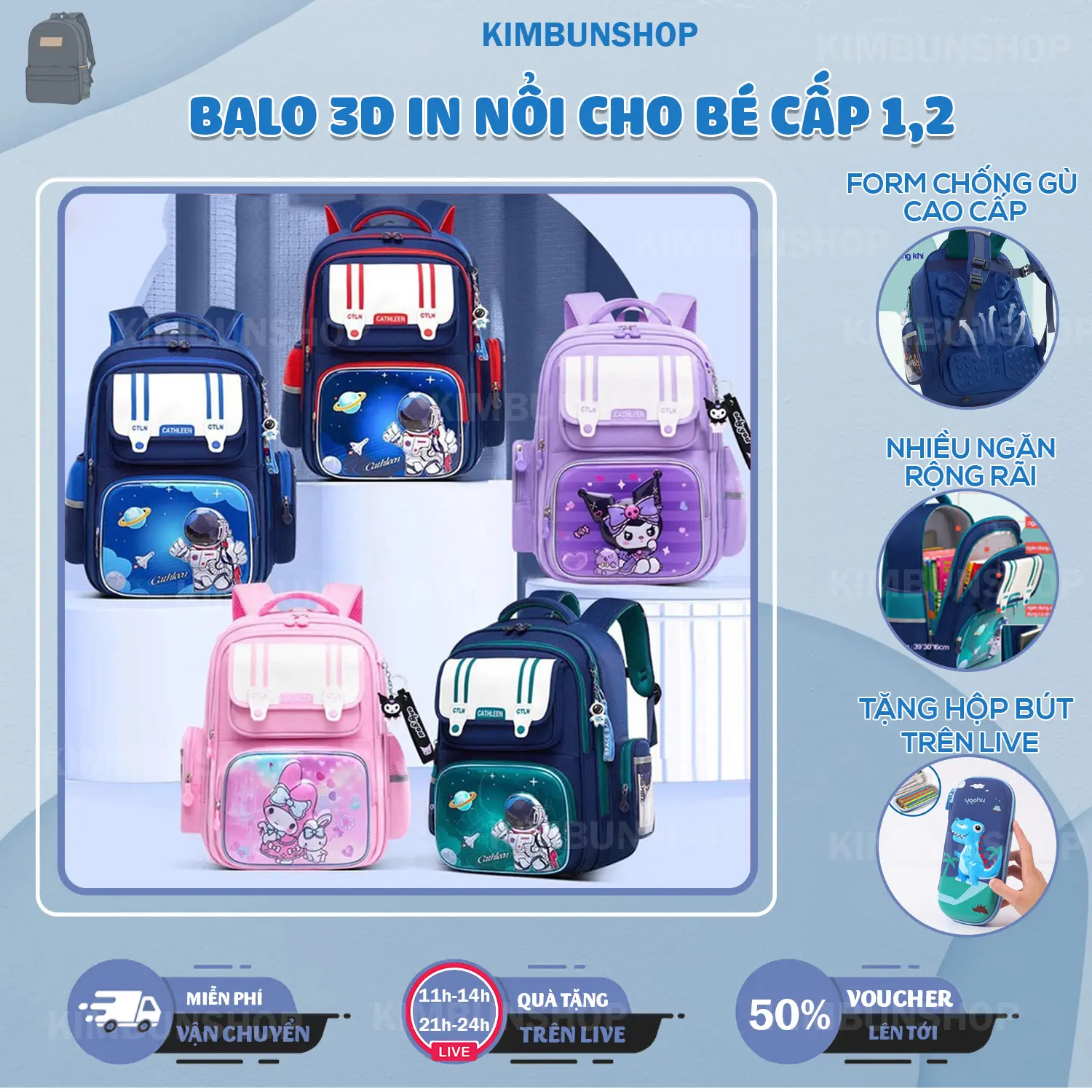 Balo cao cấp siêu nhẹ, chống gù, chống nước,  dành cho bé trai, bé gái tiểu học ( tặng kèm móc khóa )-kimbunshop16