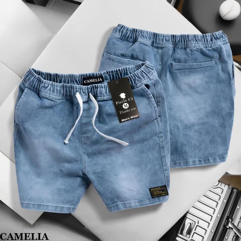 Quần Short Jean Xanh Bạc , Form Trên Gối Co Giãn Thoả Mái Menswear Nam Pants Có Túi