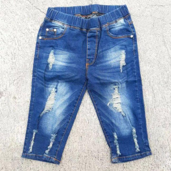 celana jeans pendek wanita jeans 7/8 list legging jeans pinggang kolor rip jeans sobek street Brown Kancing Soft Melar Navy 2