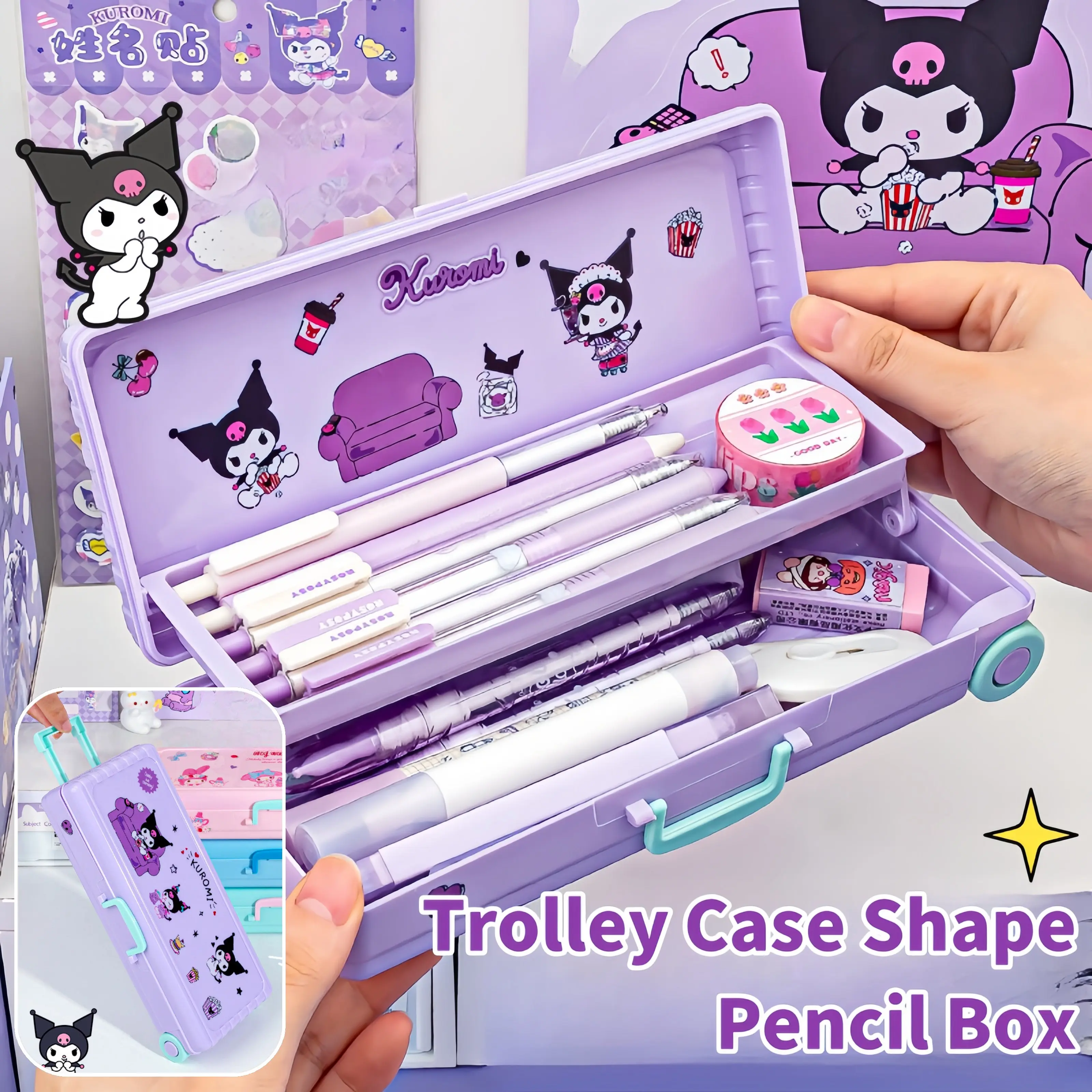 Sanlio Pencil Case Trolley Case Shaped Multi-Layer Stationery Box Large Capacity Kuromi Melody Creative Pen Bag Multi-functional Storage Box