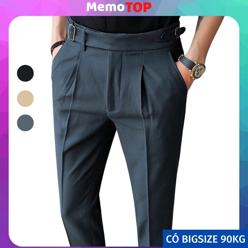 Quần Sidetab Nam cạp cao MEMOTOP tự chỉnh eo, Quần tây baggy kiểu mới đẹp lịch lãm màu xám, đen, be kem Menswear Pants Lưng Cao Quần Âu â