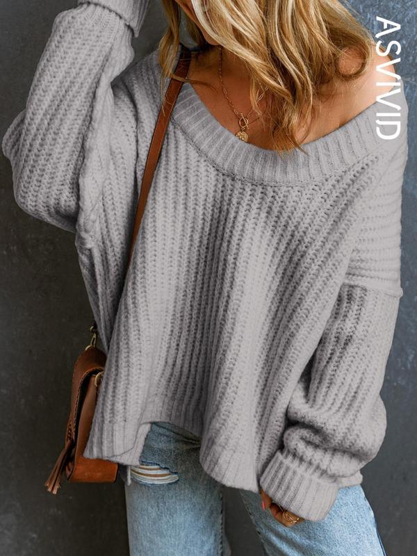 Women's Plain Textured Split Hem Scoop Neck Sweater without Necklace, Casual Drop Shoulder Long Sleeve Jumper for Fall & Winter,  Knitwear for Daily Wear 4